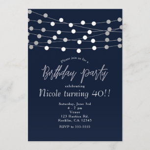 Blue String Lights Modern Chic Birthday Party Invitation