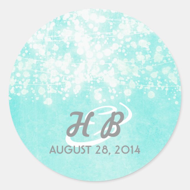blue string lights rustic wedding classic round sticker (Front)