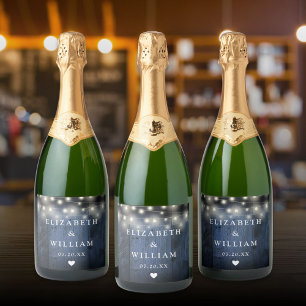 Blue String Lights Rustic Wood Boho Barn Wedding Sparkling Wine Label