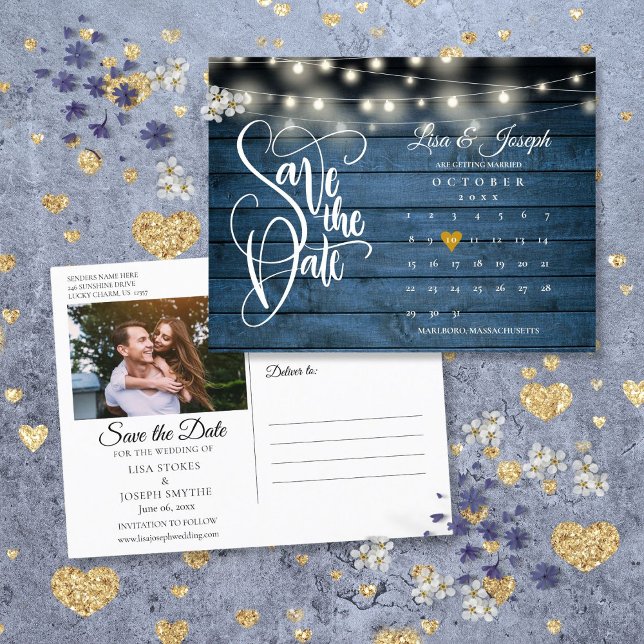 Blue String Lights Save the Date Calendar Photo Announcement Postcard (Blue String Lights Save the Date Calendar Photo Announcement Postcard)