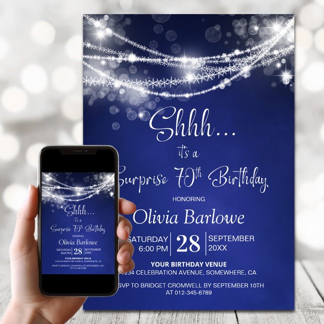 Blue String Lights Surprise 70th Birthday Party Invitation (Creator Uploaded)