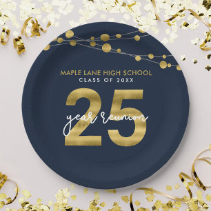 Blue Strings of Lights 25 Year Class Reunion Paper Plate