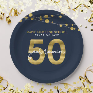 Blue Strings of Lights 50 Year Class Reunion Paper Plate