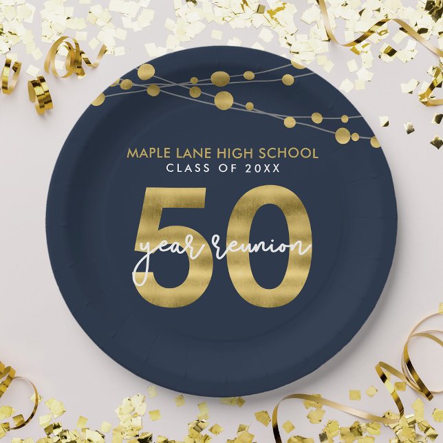 Blue Strings of Lights 50 Year Class Reunion Paper Plate (Creator Uploaded)
