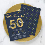 Blue Strings of Lights 50th Wedding Anniversary Invitation<br><div class="desc">Elegant 50th Anniversary invitation featuring strings of lights and "50" in faux gold with "years together" in white against a dark blue background. Card includes a matching pattern back side. Check out matching items like stickers and stamps here https://www.zazzle.com/collections/strings_of_lights_faux_gold_celebration_collection-119311942951401241?rf=238364477188679314 Personalise it by replacing the placeholder text to add your information....</div>