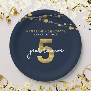Blue Strings of Lights 5 Year Class Reunion Paper Plate