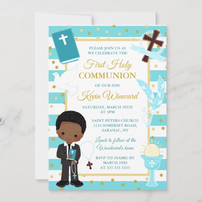 Blue Stripe African American Boy First Communion Invitation (Front)