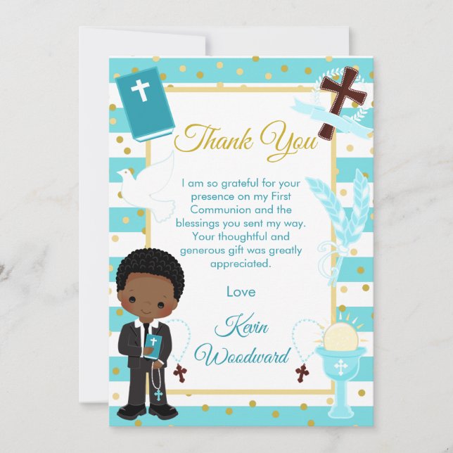Blue Stripe African American Boy First Communion Thank You Card (Front)