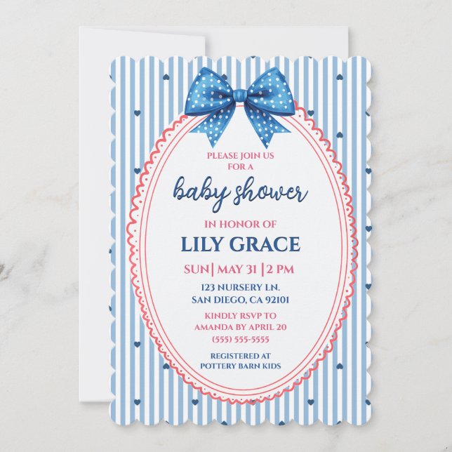 Blue Stripe and Bow Baby Shower Invitation (Front)