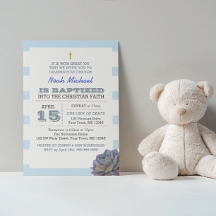 Blue Stripe and Succulent Boy's Baptism Invitation