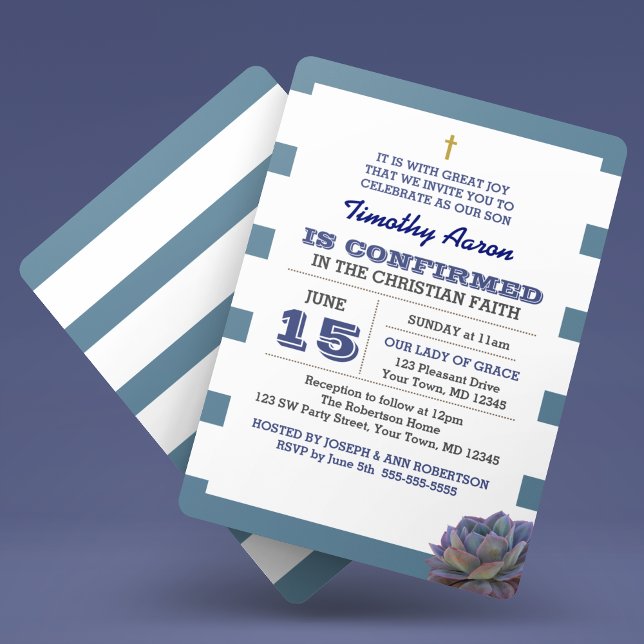 Blue Stripe and Succulent Confirmation Invitation (Creator Uploaded)