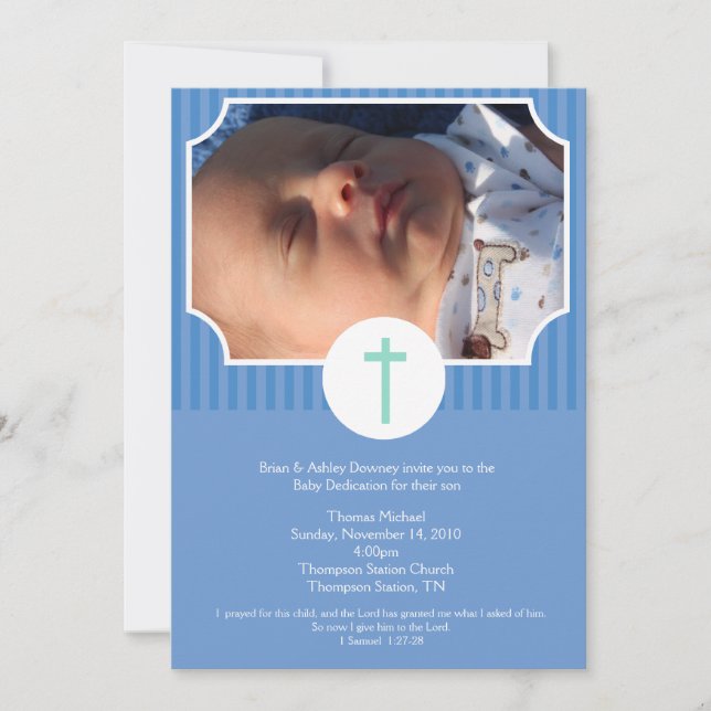 Blue Stripe Baptism Baby Dedication 5x7 photo Invitation (Front)