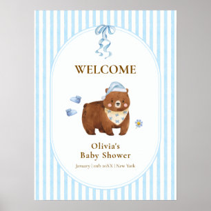 Blue Stripe Bearly Wait Boy Baby Shower Welcome Poster