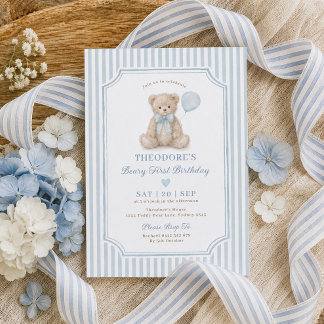 Blue Stripe Beary First Birthday Teddy Bear Party Invitation
