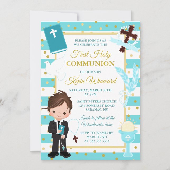 Blue Stripe Brunette Boy First Holy Communion Invitation (Front)