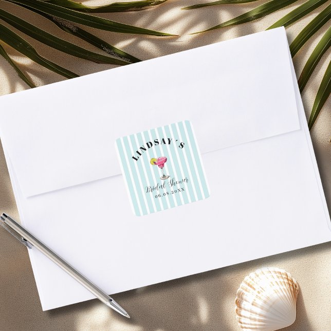Blue Stripe Cocktail Bridal Shower Square Sticker (Blue Stripe Cocktail Bridal Shower Square Sticker)