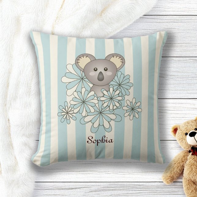 Blue Stripe Cute Baby Koala Bear Children's Room Cushion (Creator Uploaded)