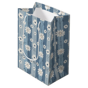 Blue Stripe Daisy Vintage Floral Pattern Medium Gift Bag