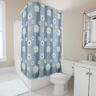 Blue Stripe Daisy Vintage Floral Pattern Shower Curtain
