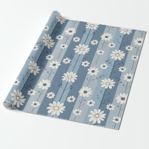 Blue Stripe Daisy Vintage Floral Pattern Wrapping Paper