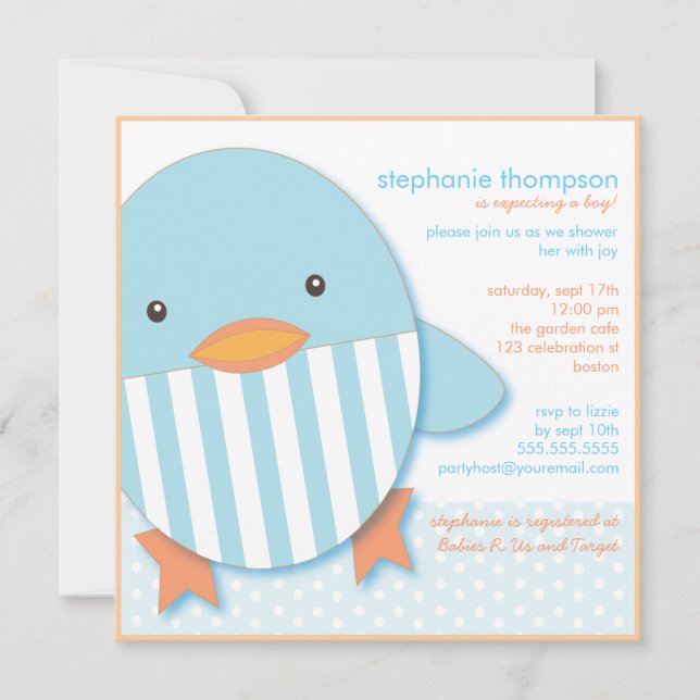 Blue Stripe Ducky Baby Boy Shower Invitation (Front)