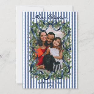 Blue Stripe Fir Wreath Garland Bow Photo Christmas Holiday Card