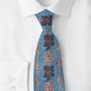 Blue Stripe Floral Victorian England Neck Tie
