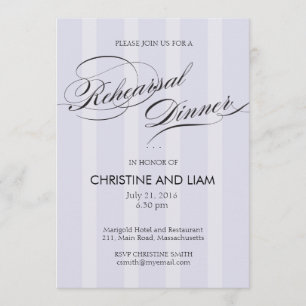 Blue Stripe Flourish Script Rehearsal Dinner Card