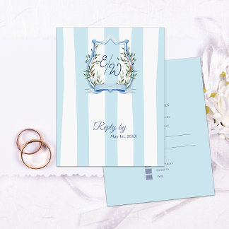 Blue Stripe Garden Monogram French Country Wedding RSVP Card