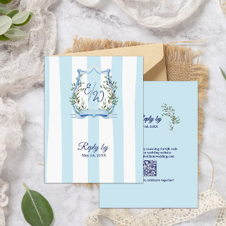 Blue Stripe Garden Monogram QR Code Wedding RSVP Card
