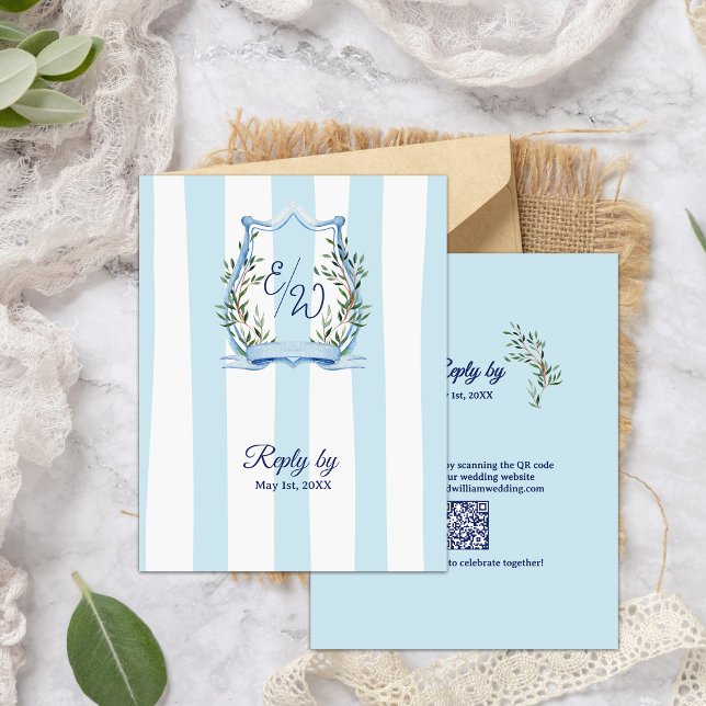 Blue Stripe Garden Monogram QR Code Wedding RSVP Card (Blue Stripe Garden Monogram QR Code Wedding RSVP Card | French Country Dusty Blue)