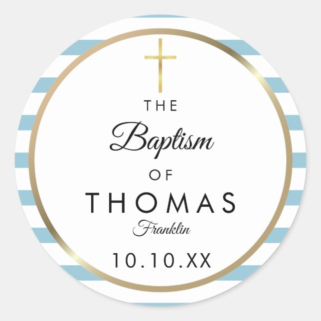Blue Stripe Gold Cross Baptism Christening Classic Round Sticker (Front)