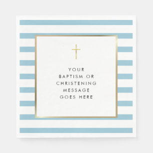 Blue Stripe Gold Cross Baptism Christening Message Napkin