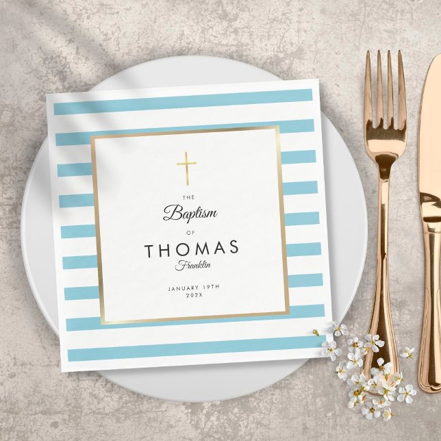 Blue Stripe Gold Cross Baptism Christening Napkin (Creator Uploaded)