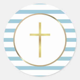 Blue Stripe Gold Cross Classic Round Sticker