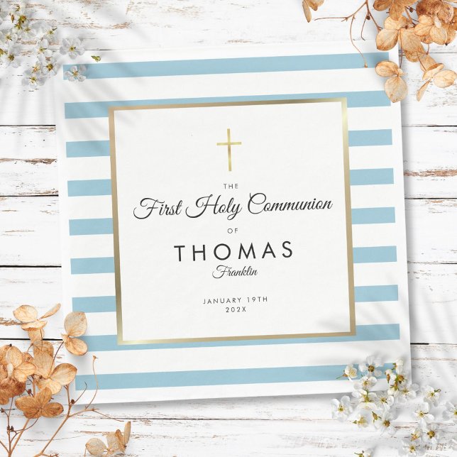 Blue Stripe Gold Cross First Holy Communion Napkin (Blue Stripe Gold Cross First Holy Communion Napkins)