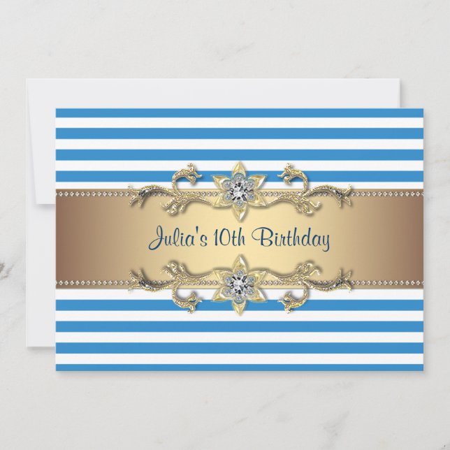 Blue Stripe Gold Flowers 10th Birthday Invitation (Front)