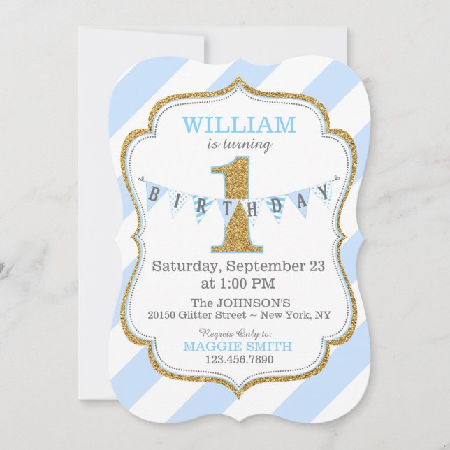 Blue Stripe Gold Glitter First Birthday Invitation (Front)