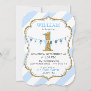 Blue Stripe Gold Glitter First Birthday Invitation