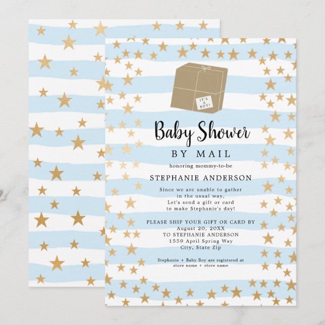 Blue Stripe + Gold Star Boy Baby Shower by mail Invitation (Front/Back)