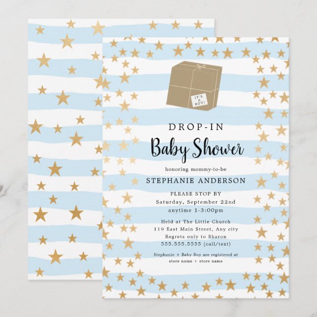 Blue Stripe + Gold Star DROP-IN Boy Baby Shower Invitation (Front/Back)