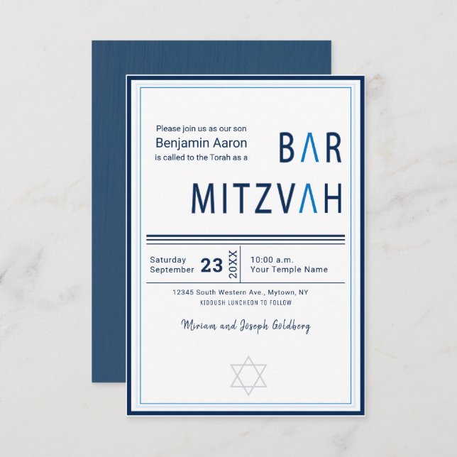 Blue Stripe Modern Bar Mitzvah Invitation (Front/Back)