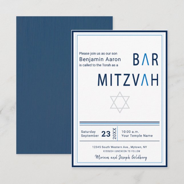 Blue Stripe Modern Bar Mitzvah Invitation (Front/Back)