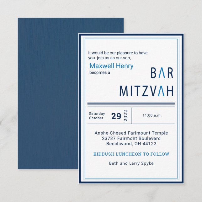 Blue Stripe Modern Bar Mitzvah Invitation (Front/Back)