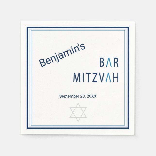 Blue Stripe Modern Bar Mitzvah Napkin (Front)
