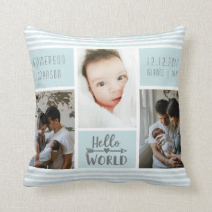 Blue Stripe Photo Collage Baby Boy Birth Stats Cushion