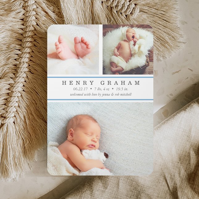 Blue Stripe | Photo Collage Birth Announcement (Creator Uploaded)