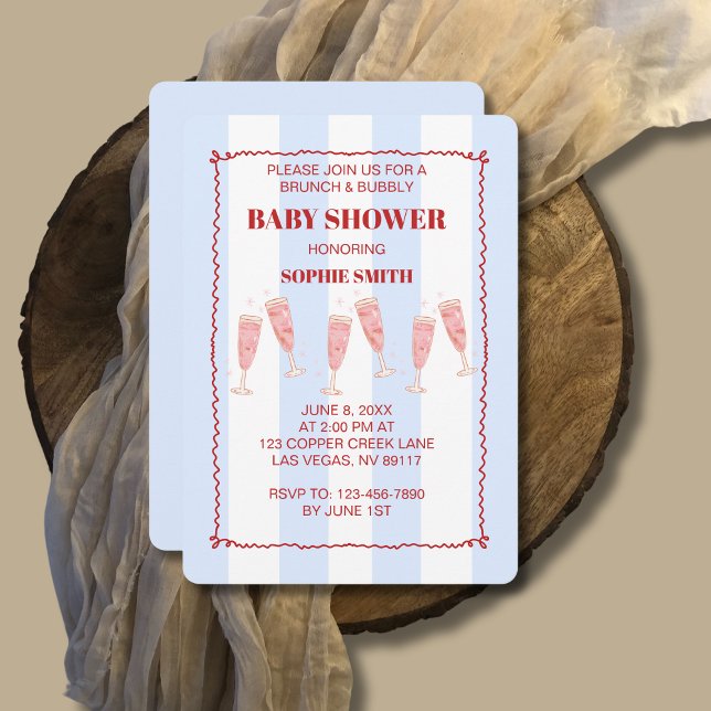 Blue Stripe Red Border Brunch & Bubbly Baby Shower Invitation (Creator Uploaded)