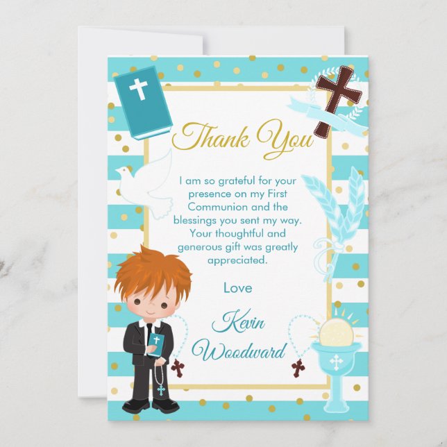 Blue Stripe Red Hair Boy First Holy Communion Thank You Card (Front)