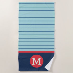 Blue Stripe  Red White Monogram Masculine Beach Towel